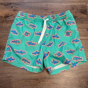 chubbies Teal Swim Shorts with Blue and Orange Shark Print, Boys 10/12